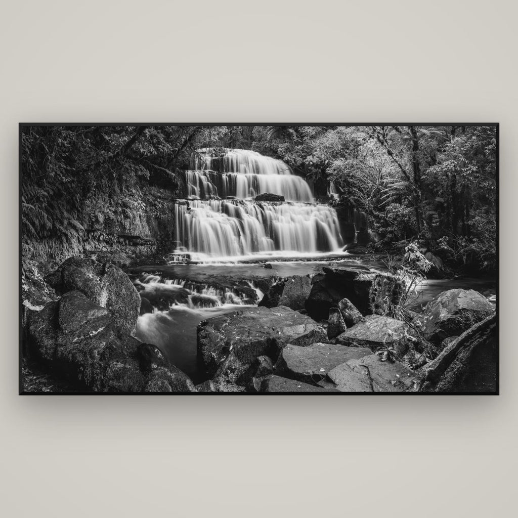 Elysian Serenity, Purakaunui Falls — Basel Black Matte, 196×110 cm. New Zealand fine art wall art by Stephen Milner.