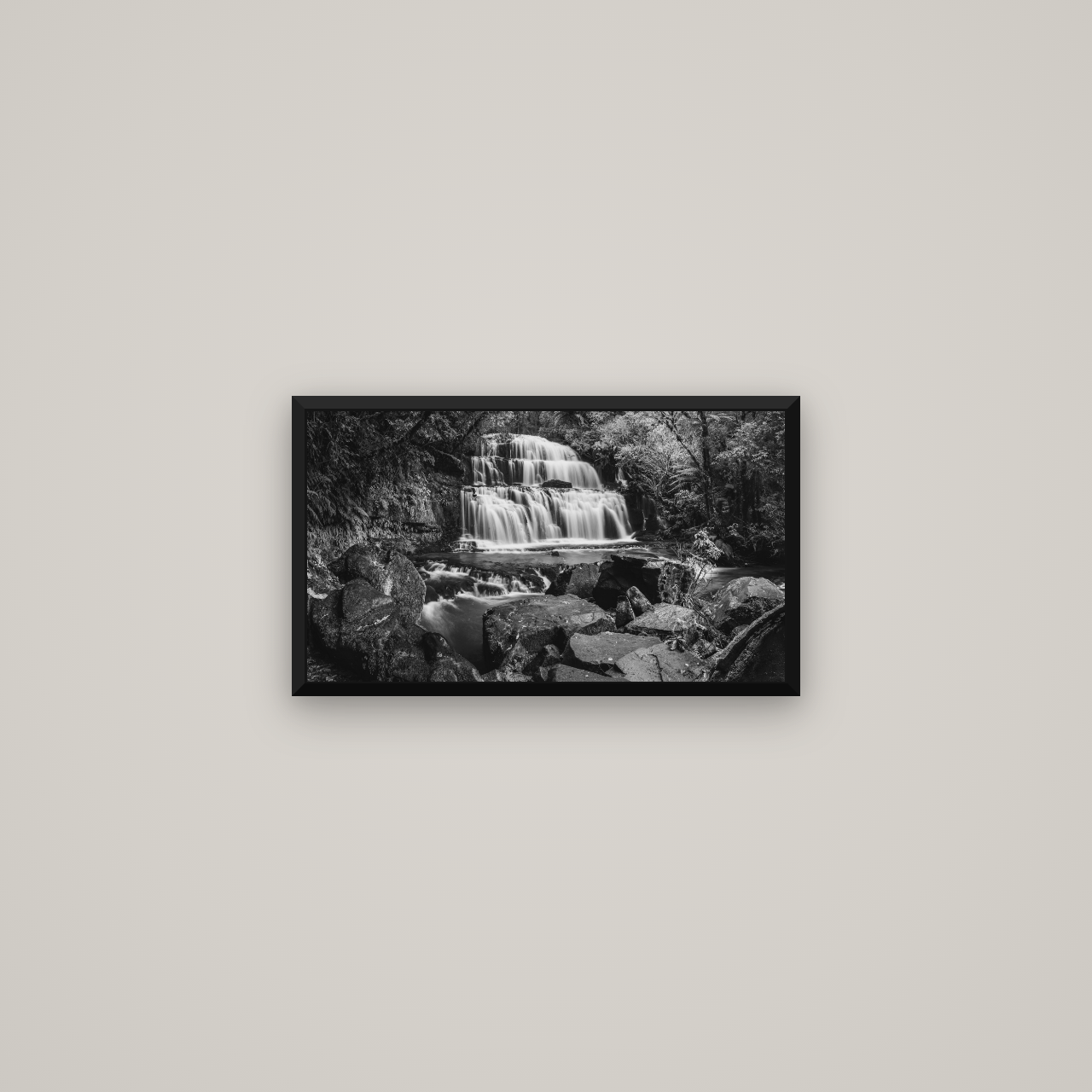 Elysian Serenity, Purakaunui Falls — Basel Black Matte, 53×30 cm. New Zealand fine art wall art by Stephen Milner.