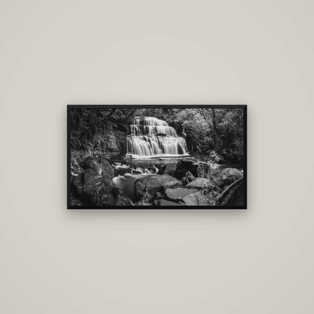 Elysian Serenity, Purakaunui Falls — Basel Black Matte, 80×45 cm. New Zealand fine art wall art by Stephen Milner.