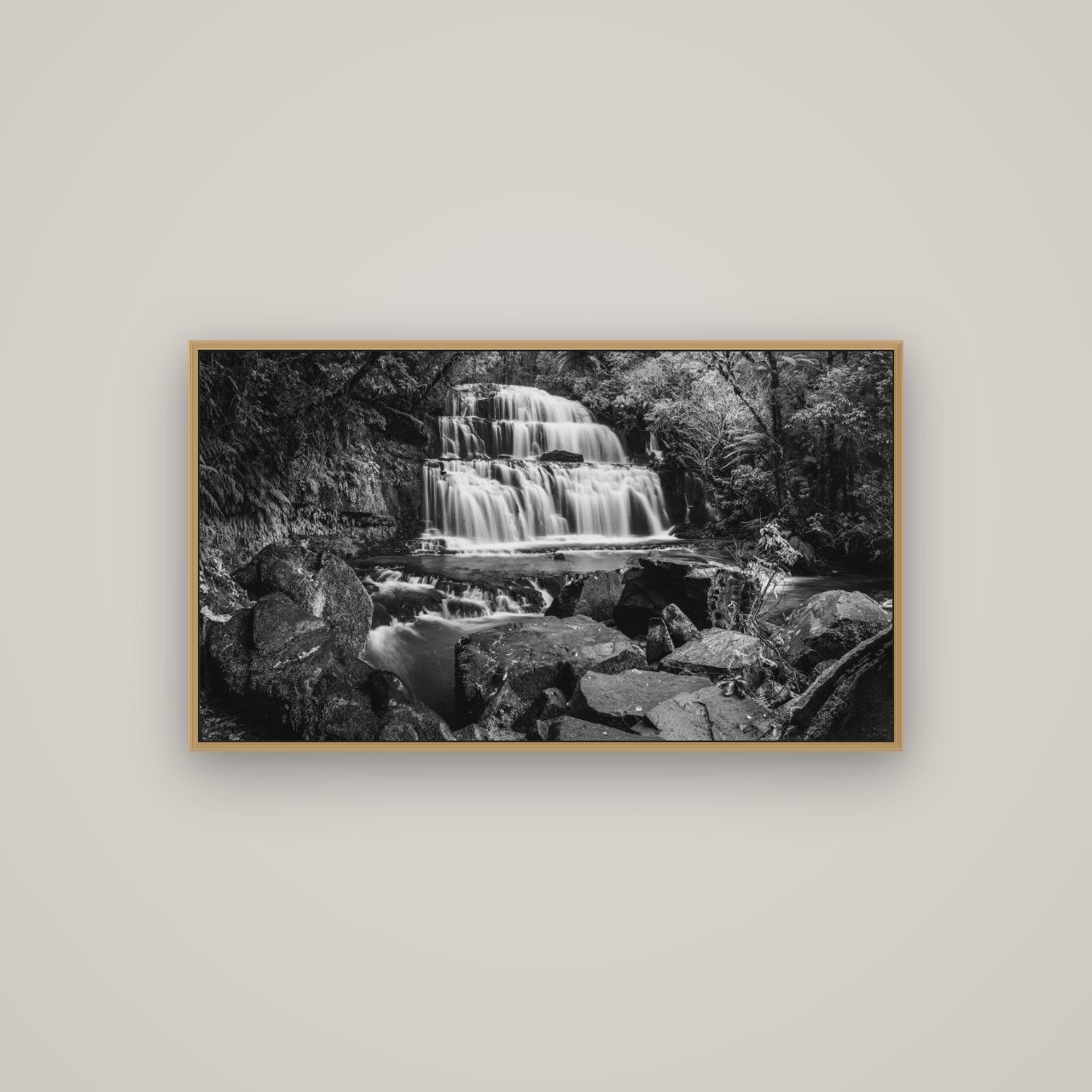 Elysian Serenity, Purakaunui Falls, Basel Natural Oak, 107×60 cm. New Zealand fine art photograph under matte acrylic glass.