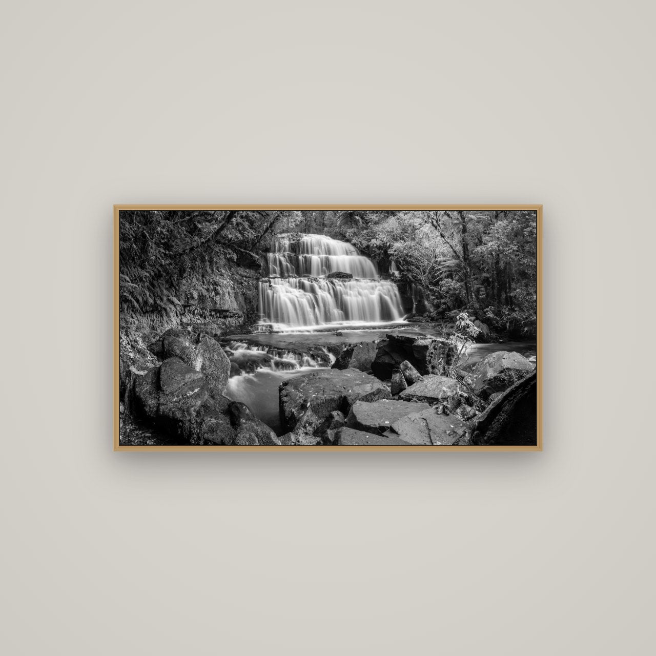 Elysian Serenity, Purakaunui Falls, Basel Natural Oak, 107×60 cm. New Zealand fine art wall art by Stephen Milner.