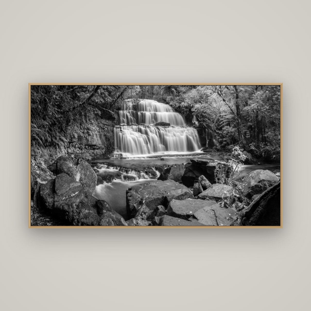 Elysian Serenity, Purakaunui Falls, Basel Natural Oak, 160×90 cm. New Zealand fine art wall art by Stephen Milner.