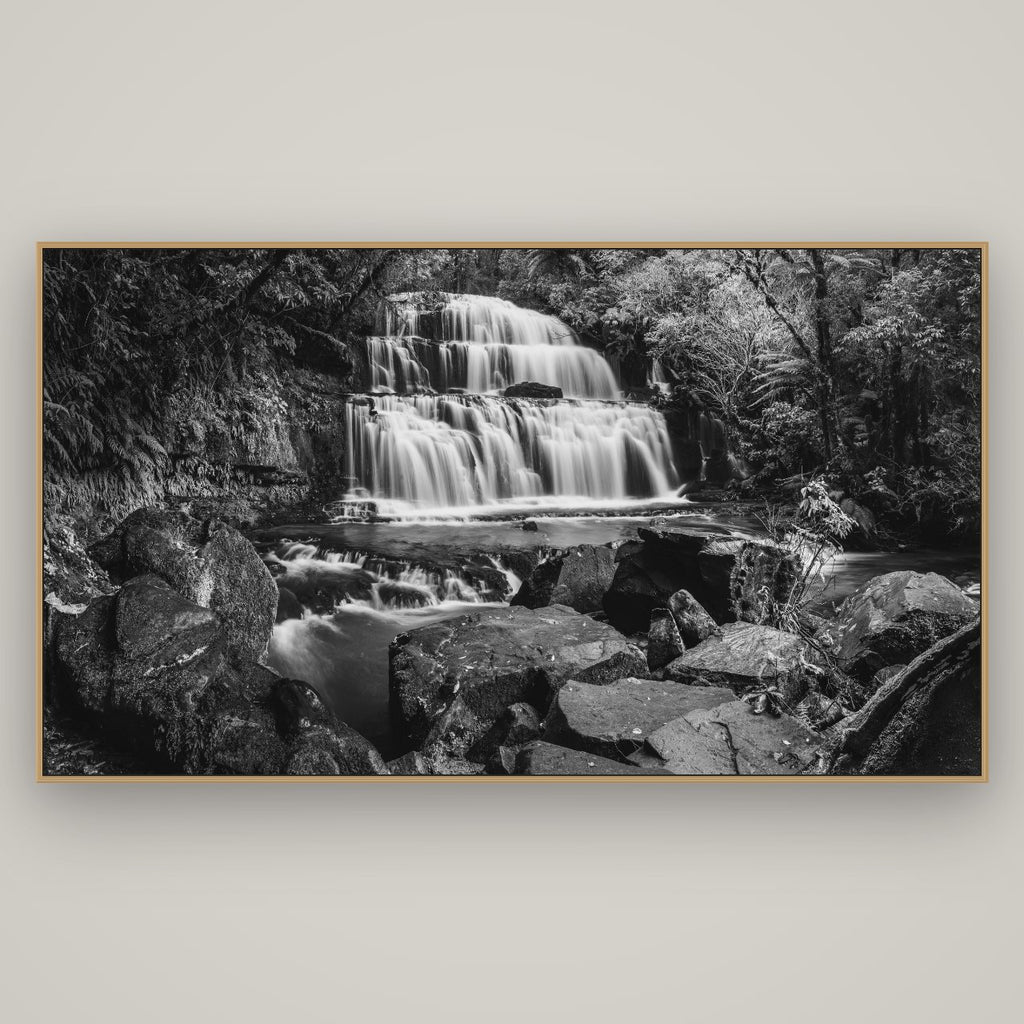 Elysian Serenity, Purakaunui Falls, Basel Natural Oak, 196×110 cm. New Zealand fine art photograph under matte acrylic glass.