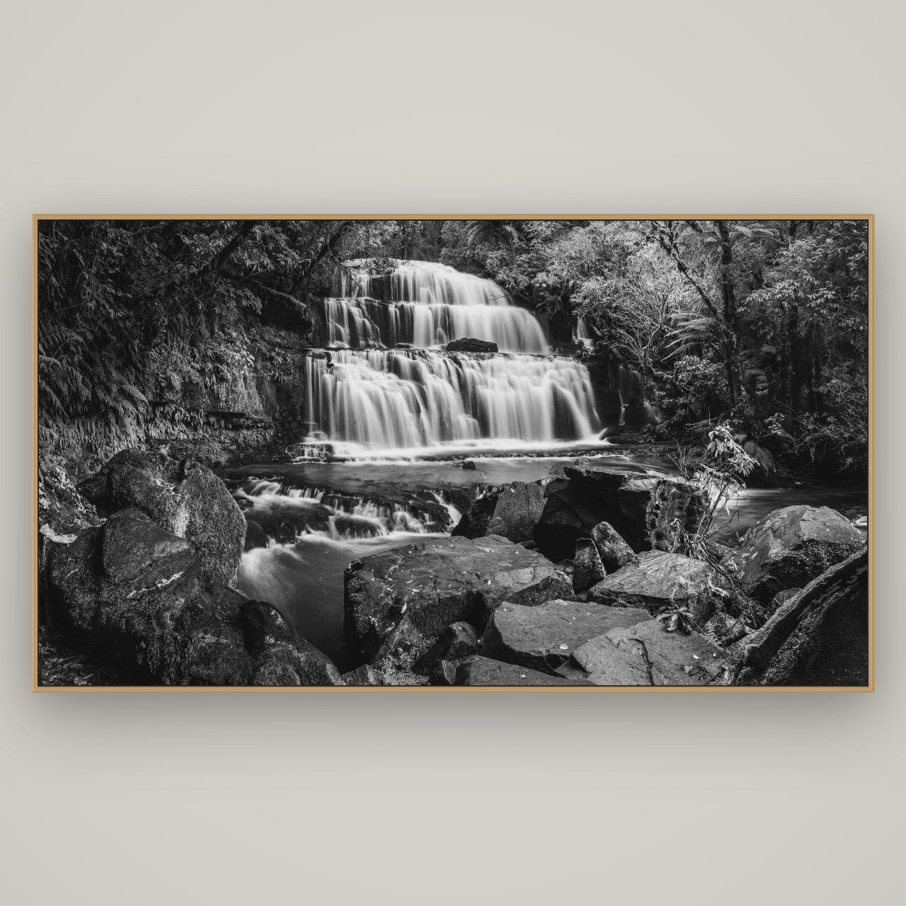 Elysian Serenity, Purakaunui Falls, Basel Natural Oak, 196×110 cm. New Zealand fine art photograph under matte acrylic glass.