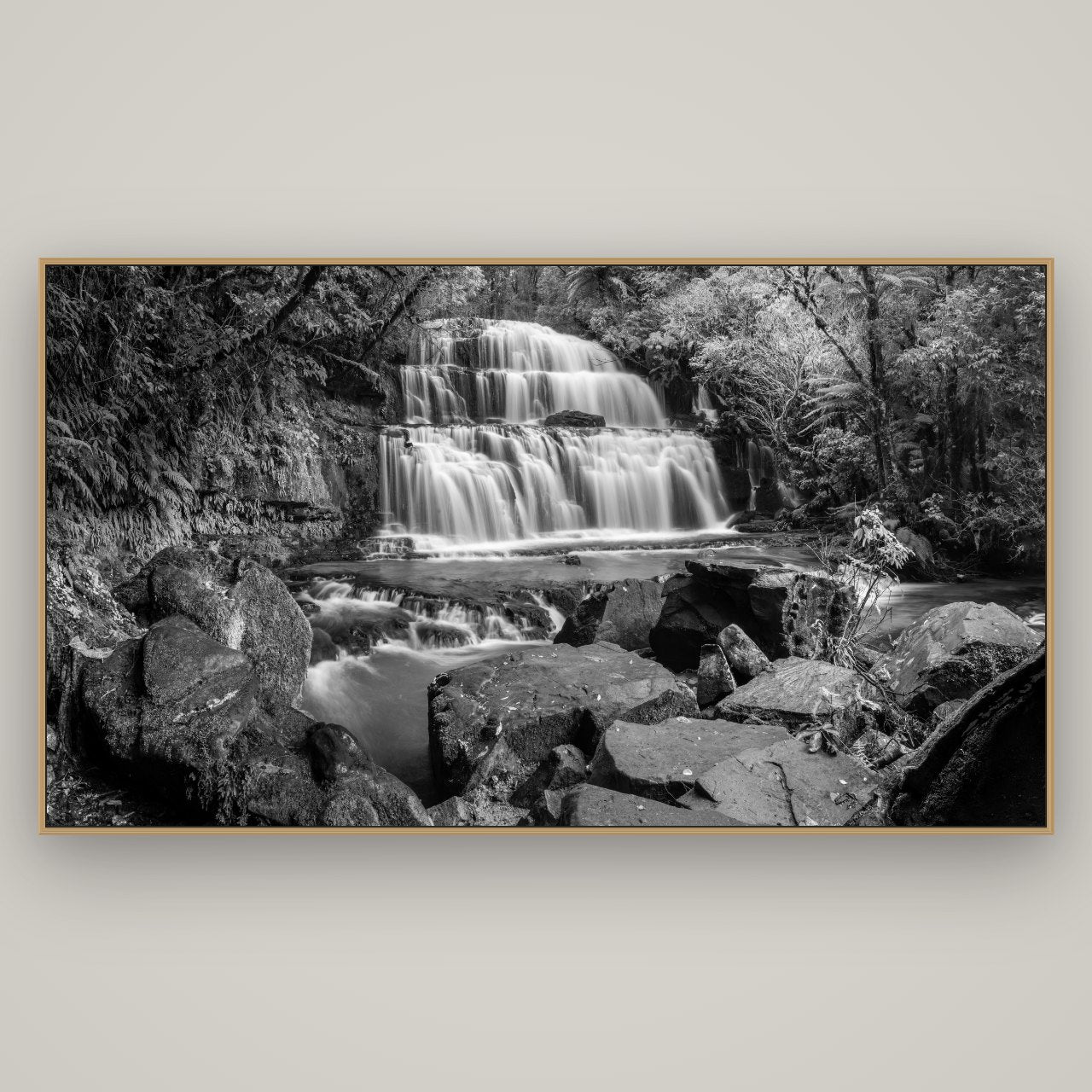 Elysian Serenity, Purakaunui Falls, Basel Natural Oak, 196×110 cm. New Zealand fine art wall art by Stephen Milner.