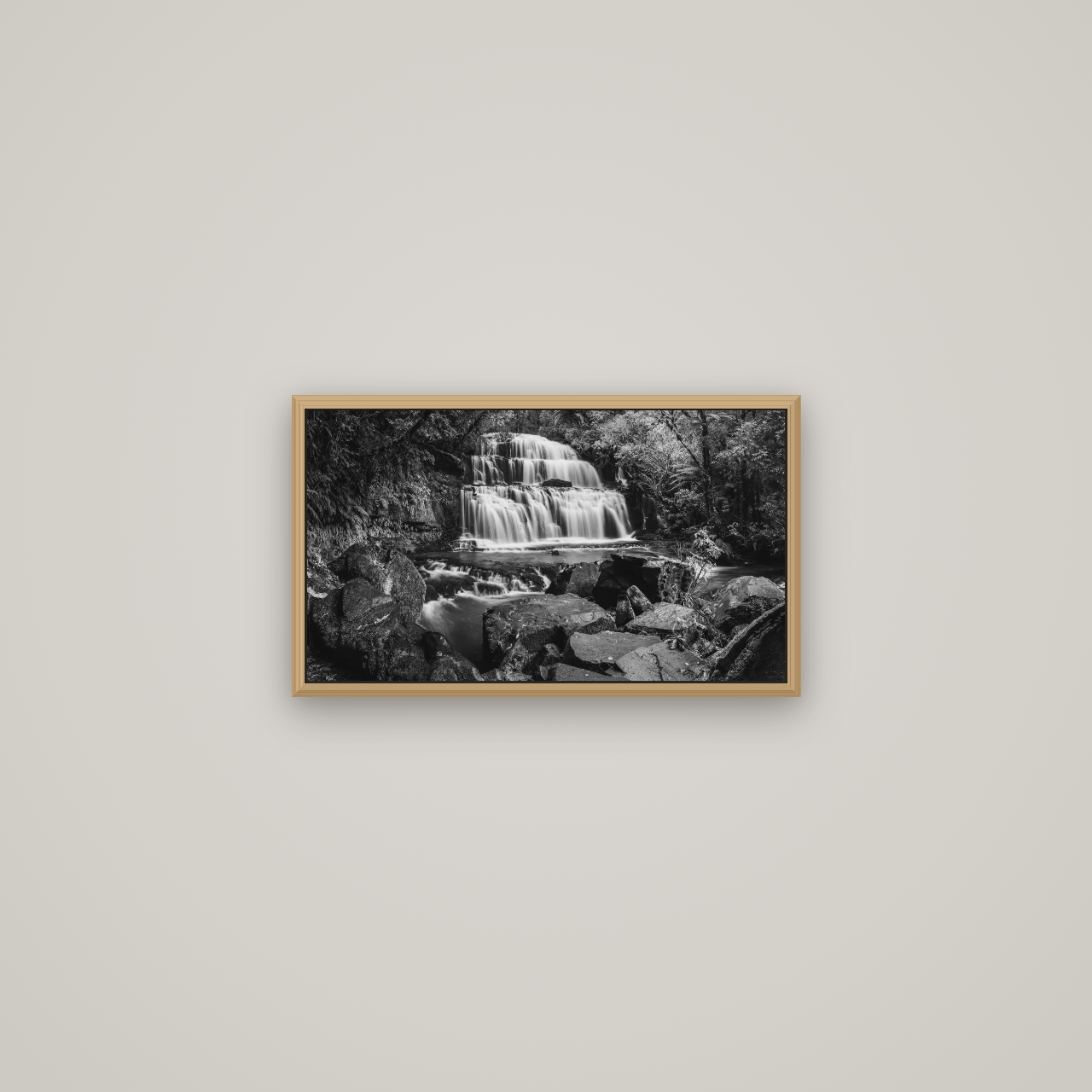 Elysian Serenity, Purakaunui Falls, Basel Natural Oak, 53×30 cm. New Zealand fine art wall art by Stephen Milner.