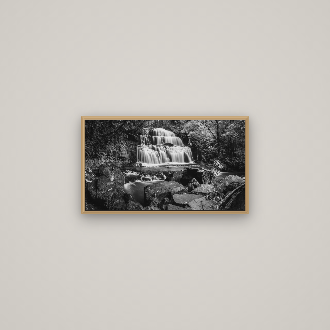 Elysian Serenity, Purakaunui Falls, Basel Natural Oak, 64×36 cm. New Zealand fine art wall art by Stephen Milner.