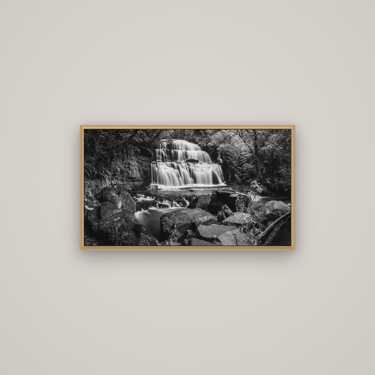 Elysian Serenity, Purakaunui Falls, Basel Natural Oak, 80×45 cm. New Zealand fine art wall art by Stephen Milner.