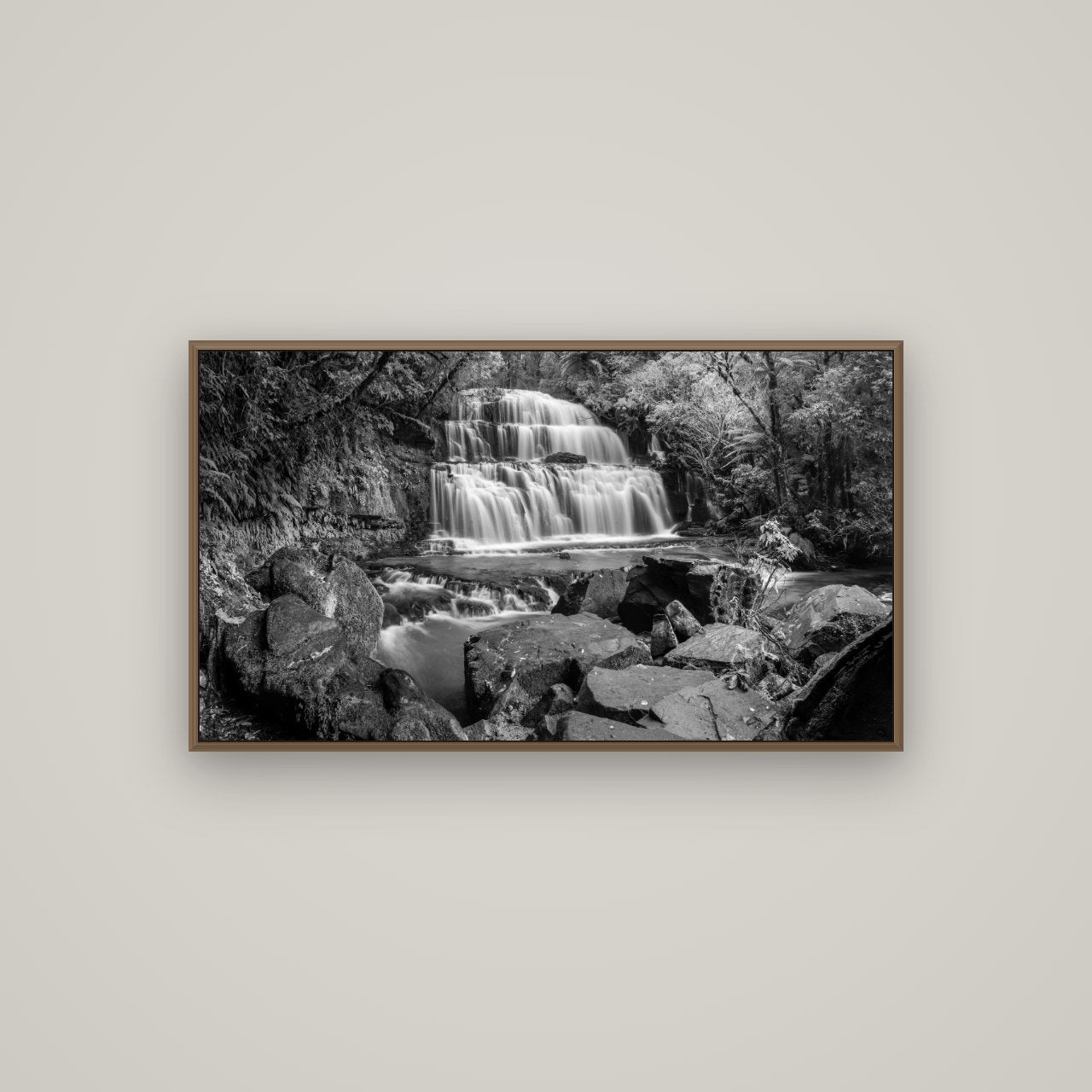 Elysian Serenity, Purakaunui Falls, Basel Walnut, 107×60 cm. New Zealand fine art wall art by Stephen Milner.