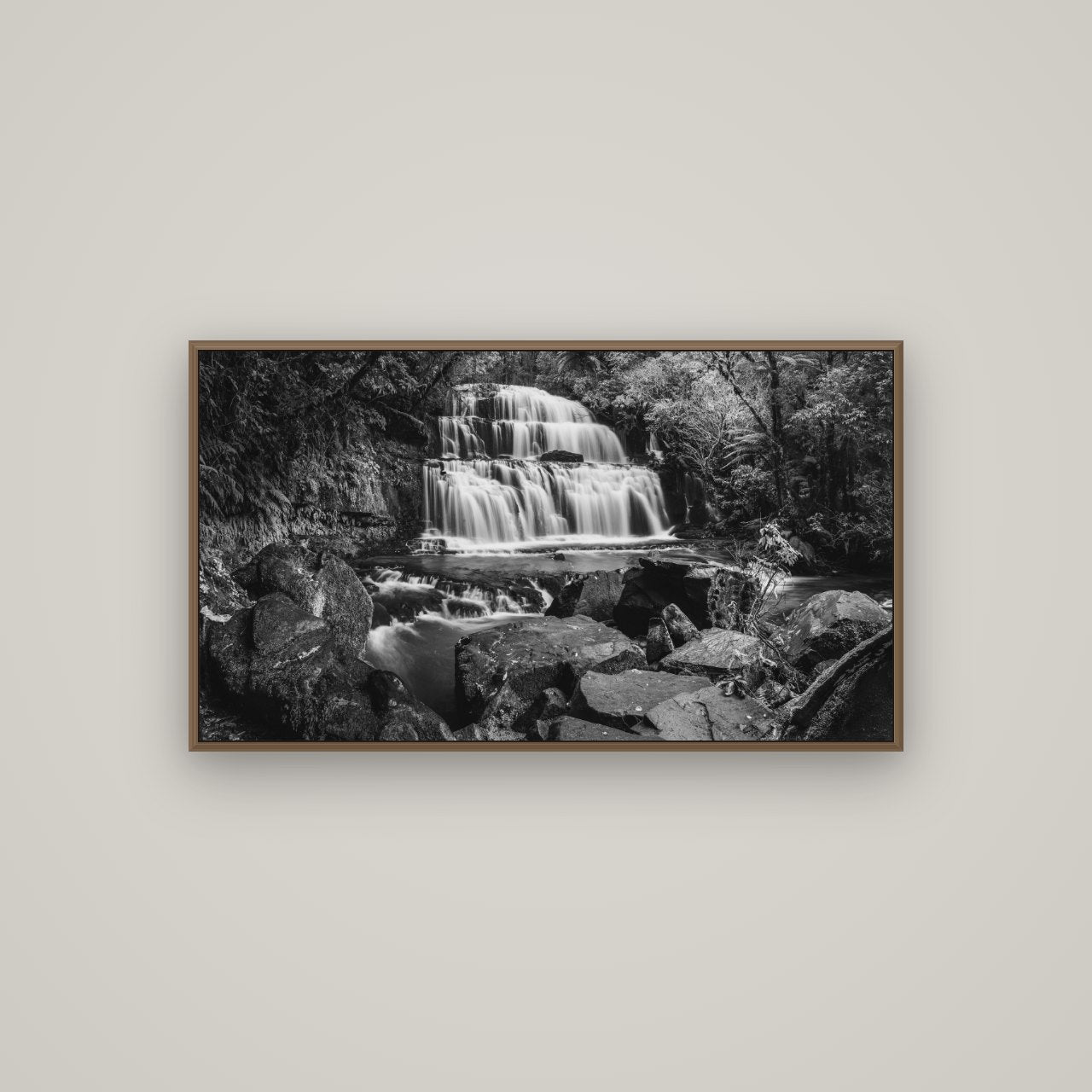 Elysian Serenity, Purakaunui Falls, Basel Walnut, 107×60 cm. New Zealand fine art photograph under matte acrylic glass.