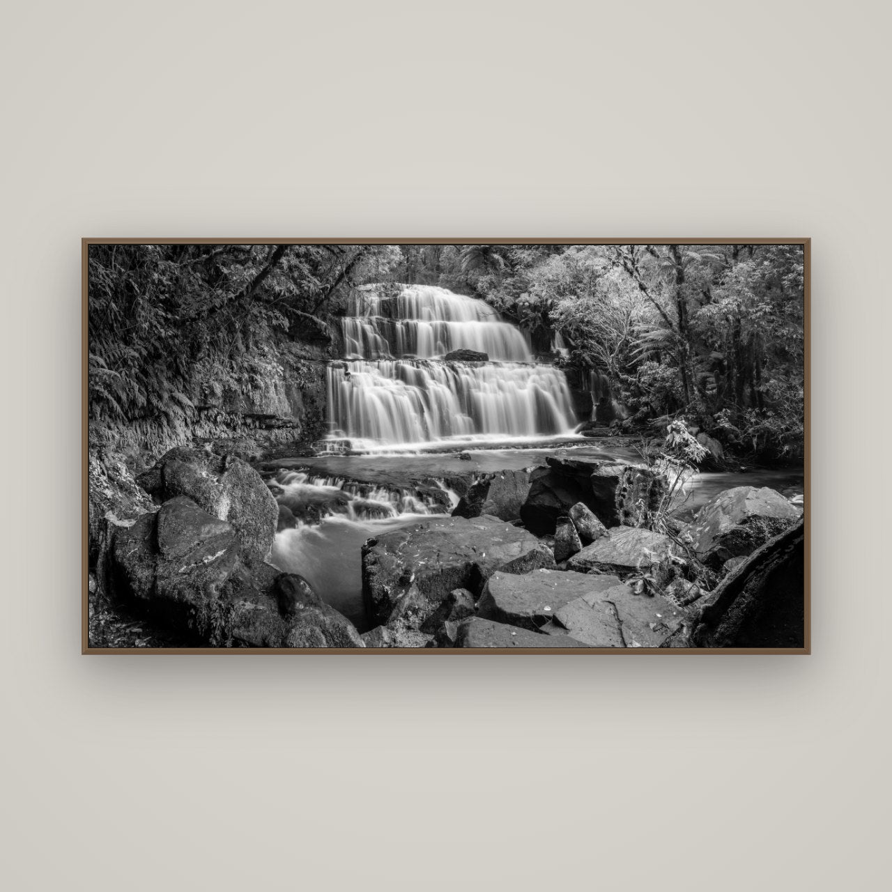 Elysian Serenity, Purakaunui Falls, Basel Walnut, 160×90 cm. New Zealand fine art wall art by Stephen Milner.