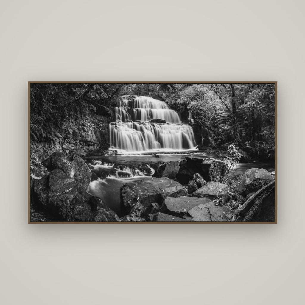 Elysian Serenity, Purakaunui Falls, Basel Walnut, 160×90 cm. New Zealand fine art photograph under matte acrylic glass.