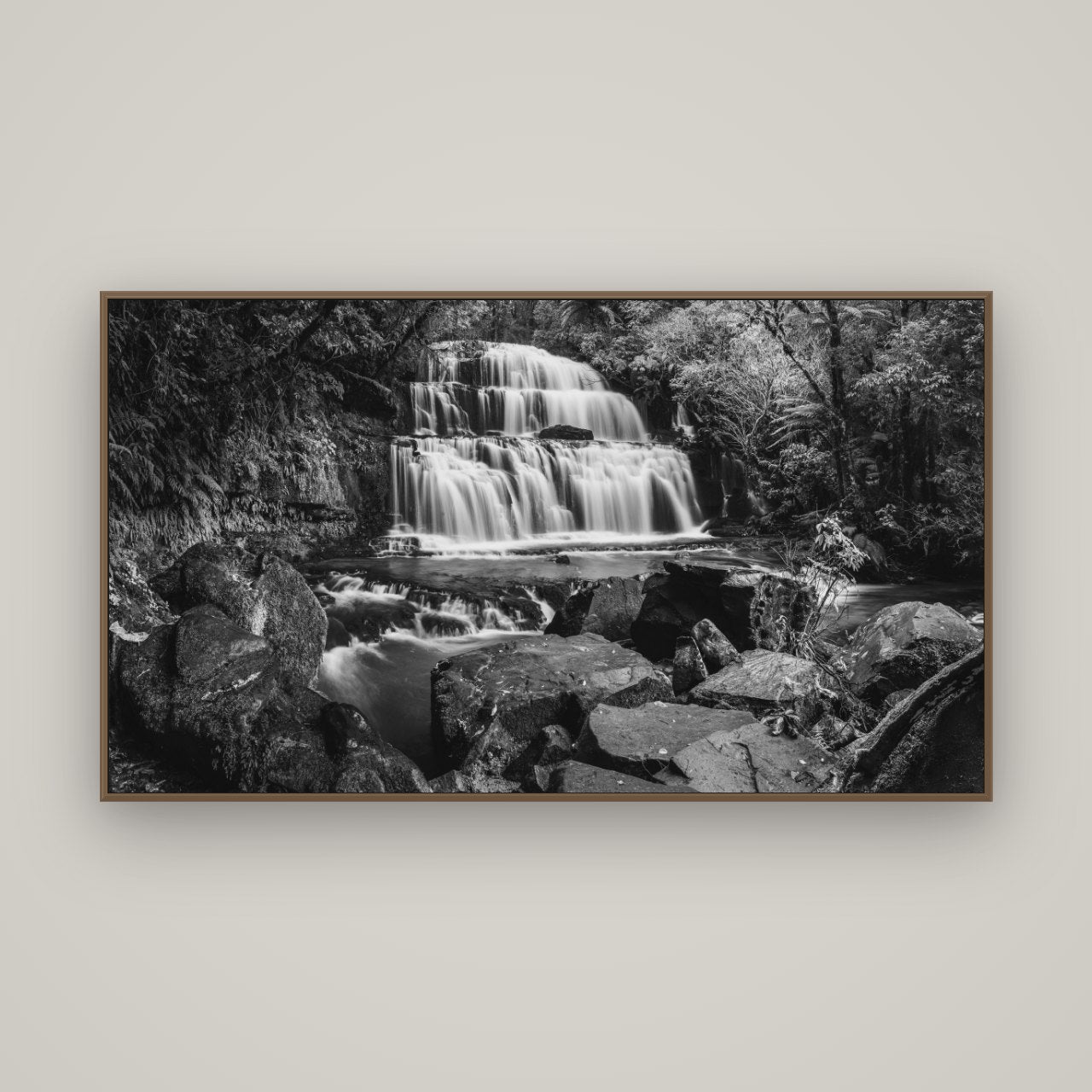 Elysian Serenity, Purakaunui Falls, Basel Walnut, 160×90 cm. New Zealand fine art photograph under matte acrylic glass.