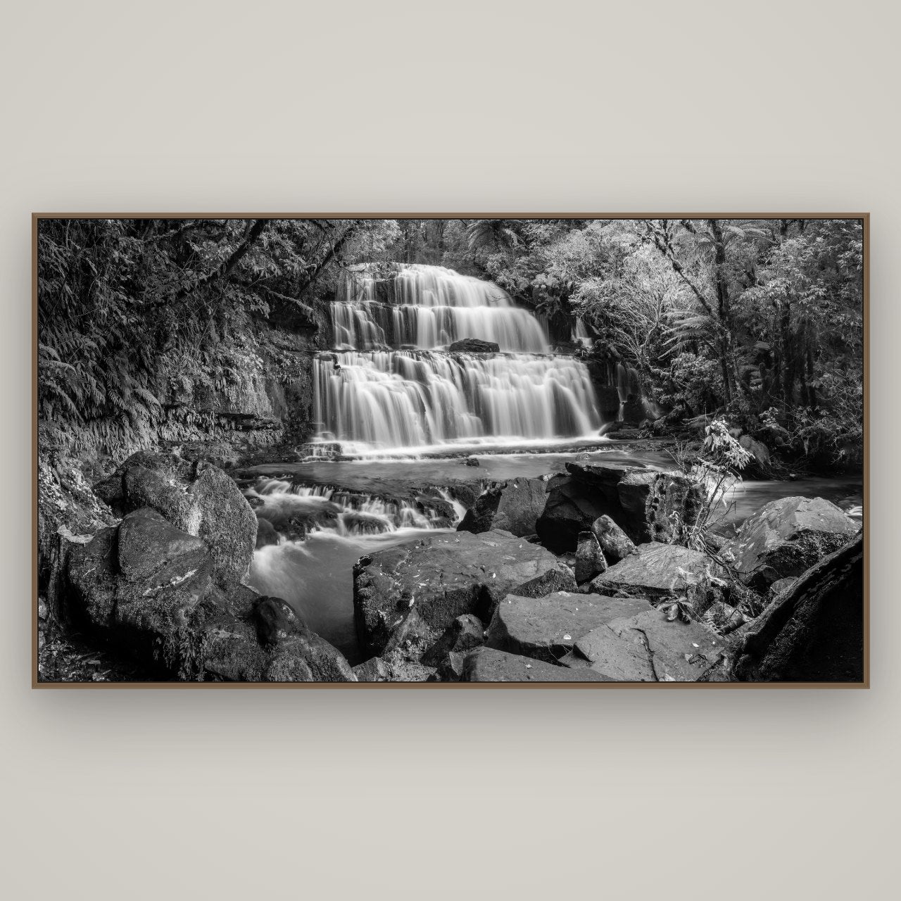 Elysian Serenity, Purakaunui Falls, Basel Walnut, 196×110 cm. New Zealand fine art wall art by Stephen Milner.