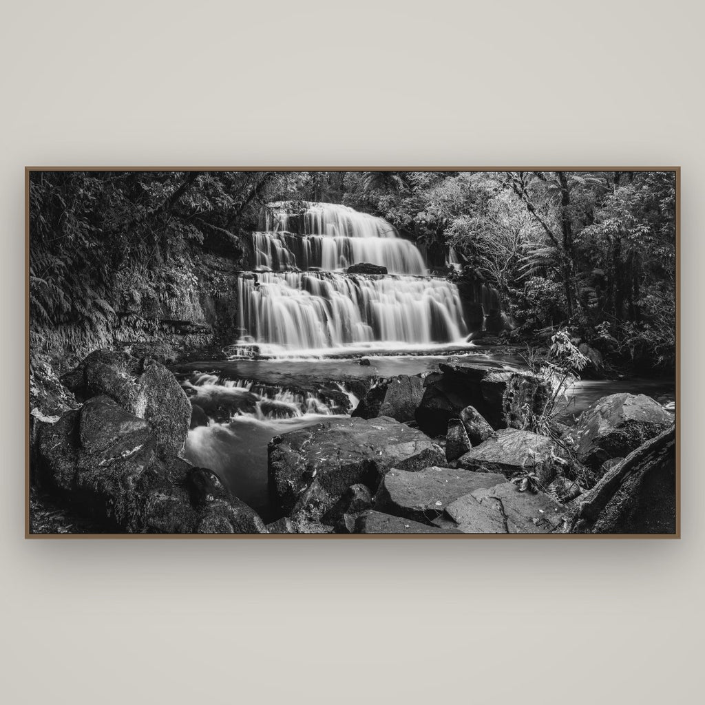 Elysian Serenity, Purakaunui Falls, Basel Walnut, 196×110 cm. New Zealand fine art photograph under matte acrylic glass.
