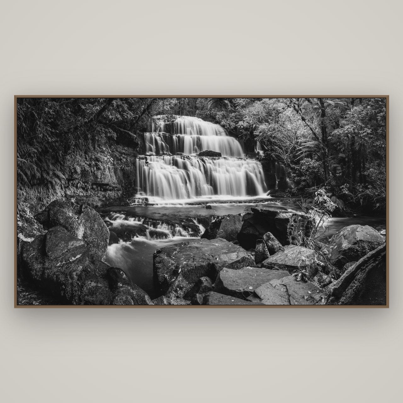 Elysian Serenity, Purakaunui Falls, Basel Walnut, 196×110 cm. New Zealand fine art photograph under matte acrylic glass.