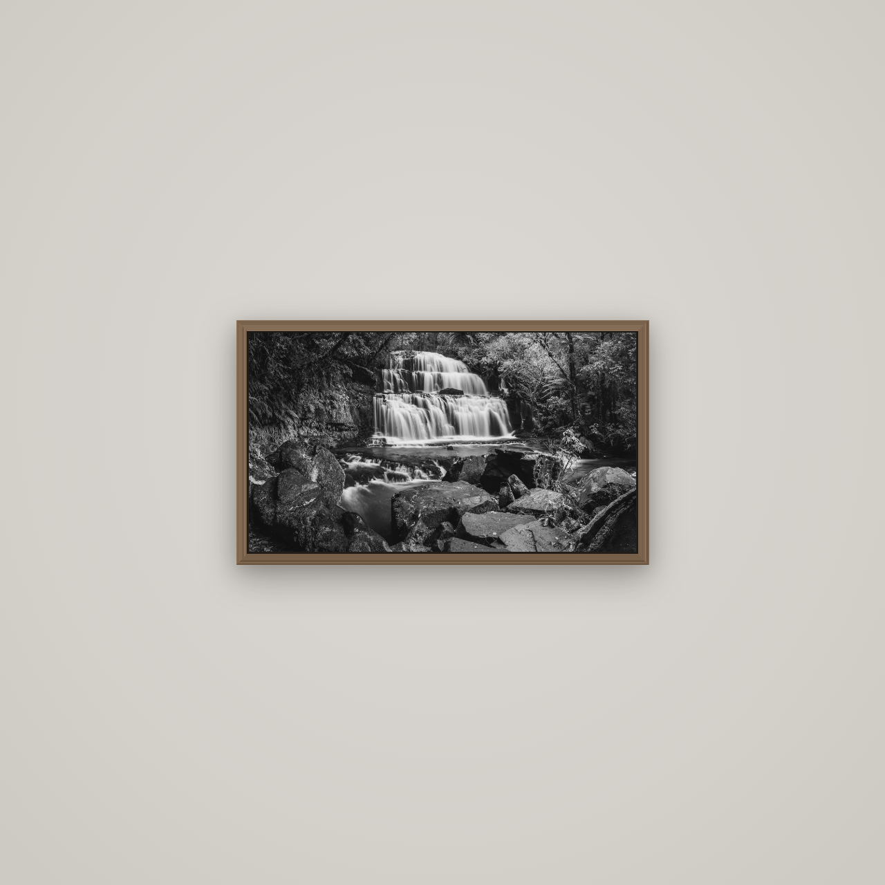 Elysian Serenity, Purakaunui Falls, Basel Walnut, 53×30 cm. New Zealand fine art wall art by Stephen Milner.