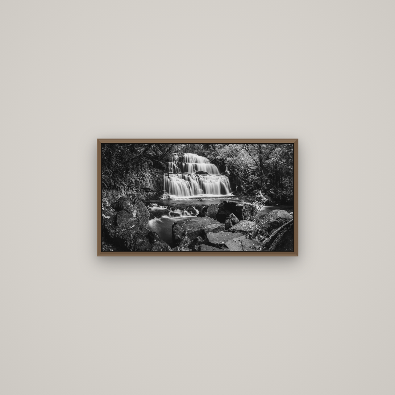 Elysian Serenity, Purakaunui Falls, Basel Walnut, 64×36 cm. New Zealand fine art wall art by Stephen Milner.