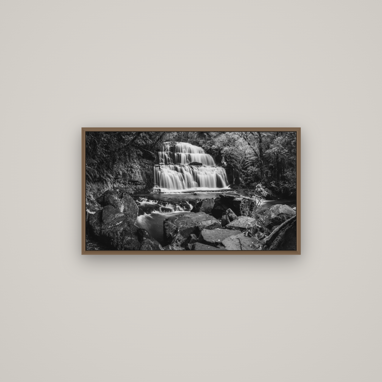 Elysian Serenity, Purakaunui Falls, Basel Walnut, 80×45 cm. New Zealand fine art wall art by Stephen Milner.