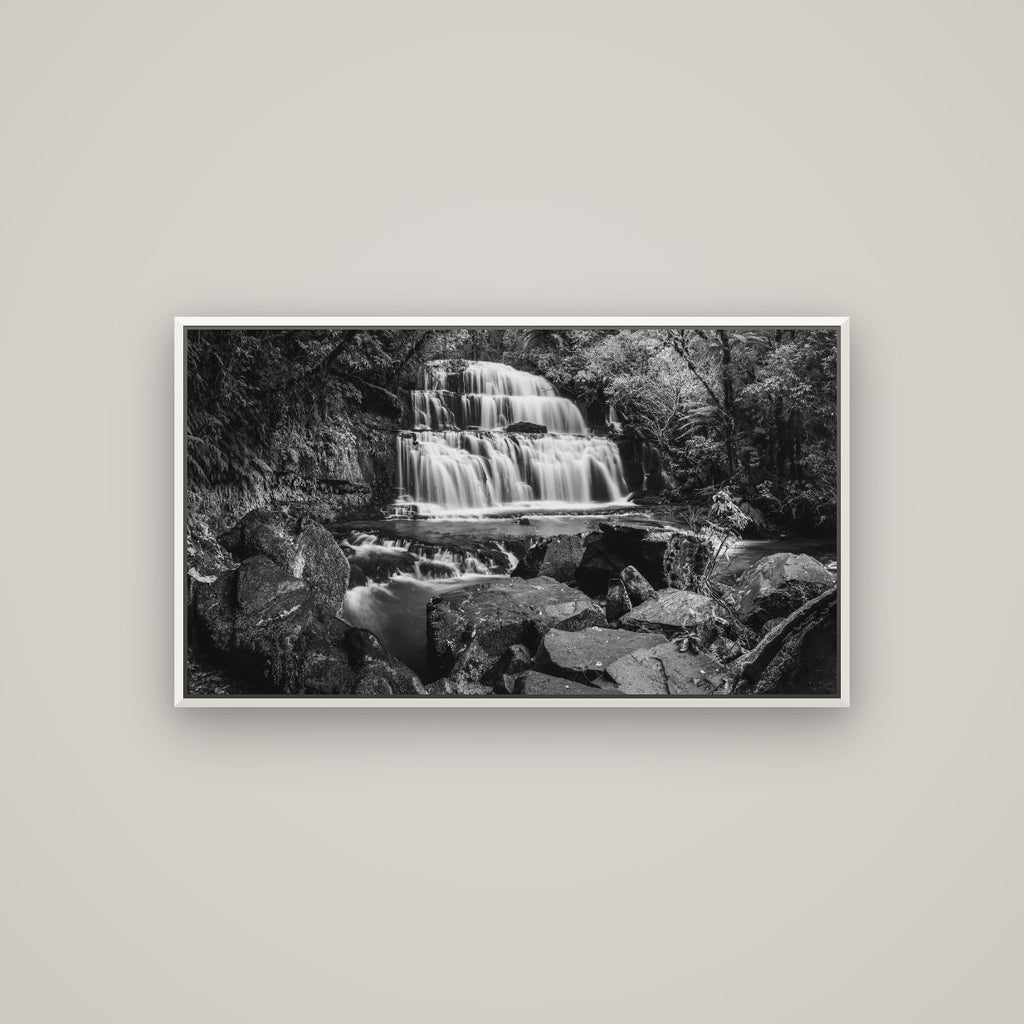 Elysian Serenity, Purakaunui Falls — Basel White, 107×60 cm. New Zealand fine art wall art by Stephen Milner.