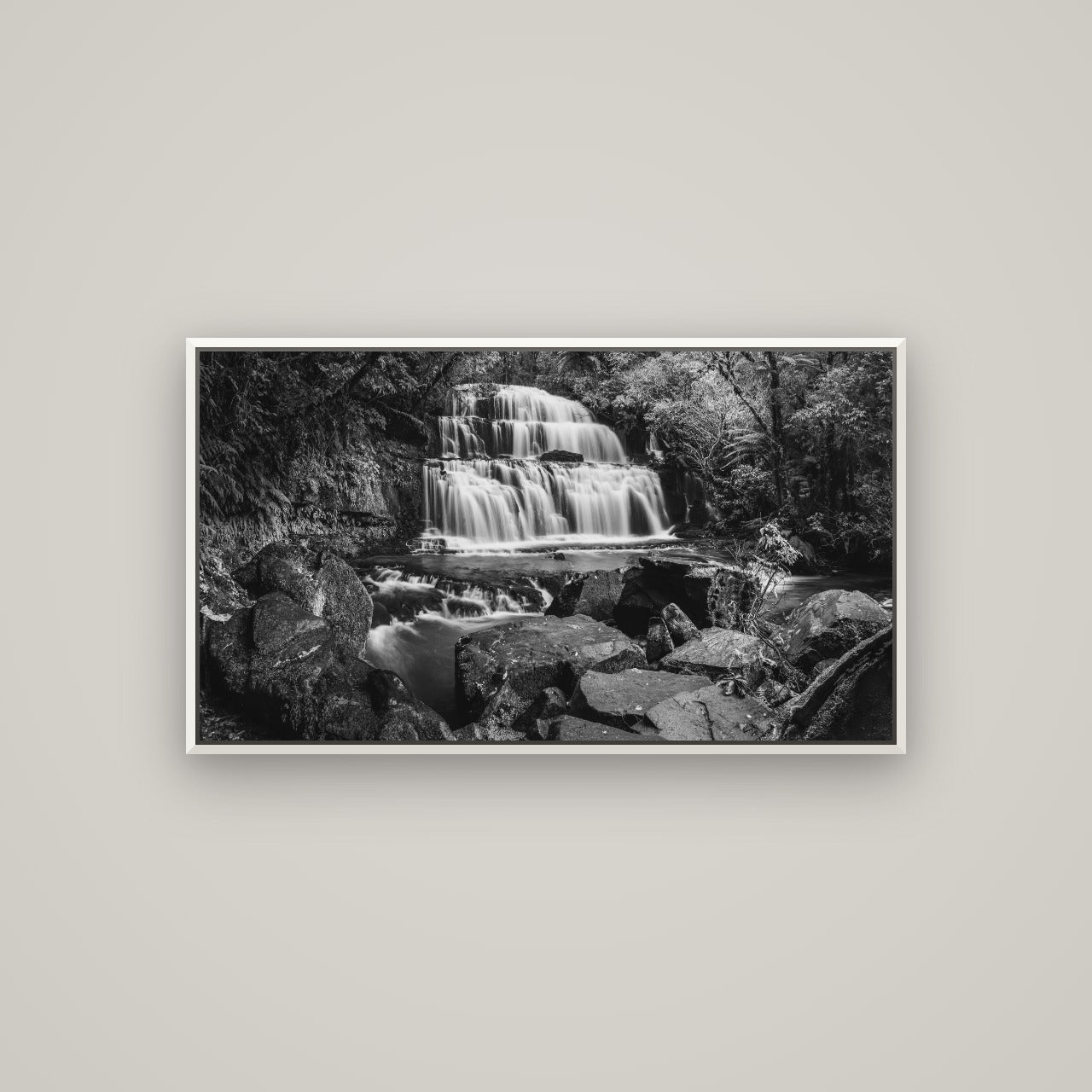 Elysian Serenity, Purakaunui Falls — Basel White, 107×60 cm. New Zealand fine art wall art by Stephen Milner.