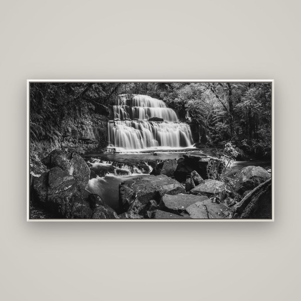 Elysian Serenity, Purakaunui Falls — Basel White, 160×90 cm. New Zealand fine art wall art by Stephen Milner.