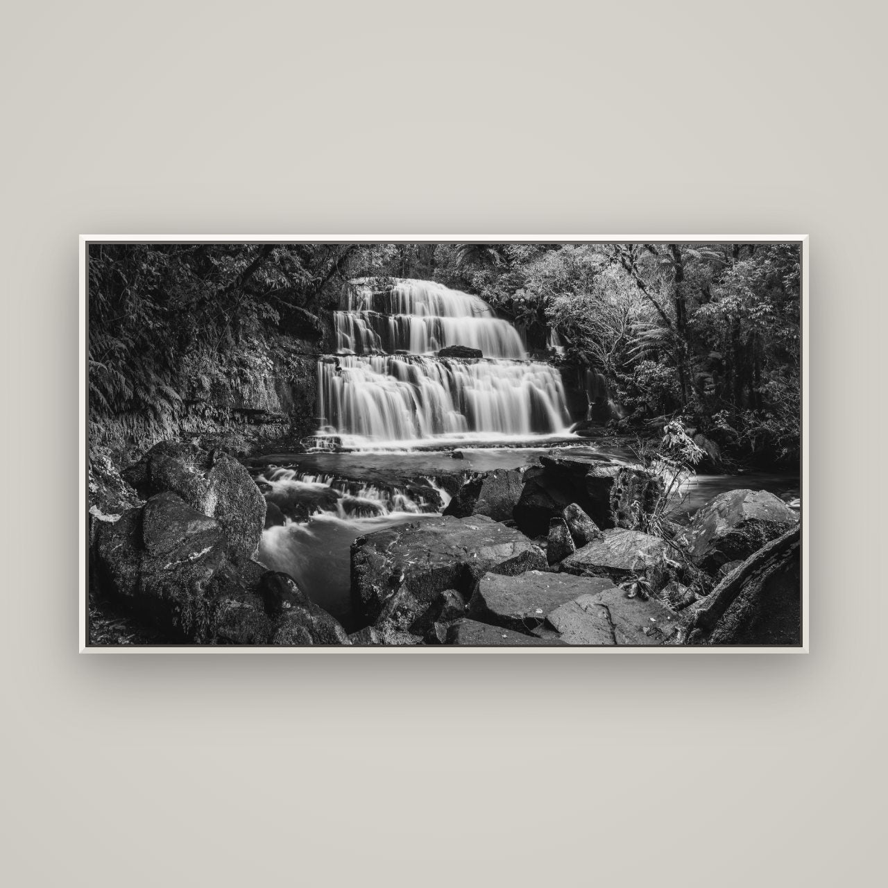 Elysian Serenity, Purakaunui Falls — Basel White, 160×90 cm. New Zealand fine art wall art by Stephen Milner.