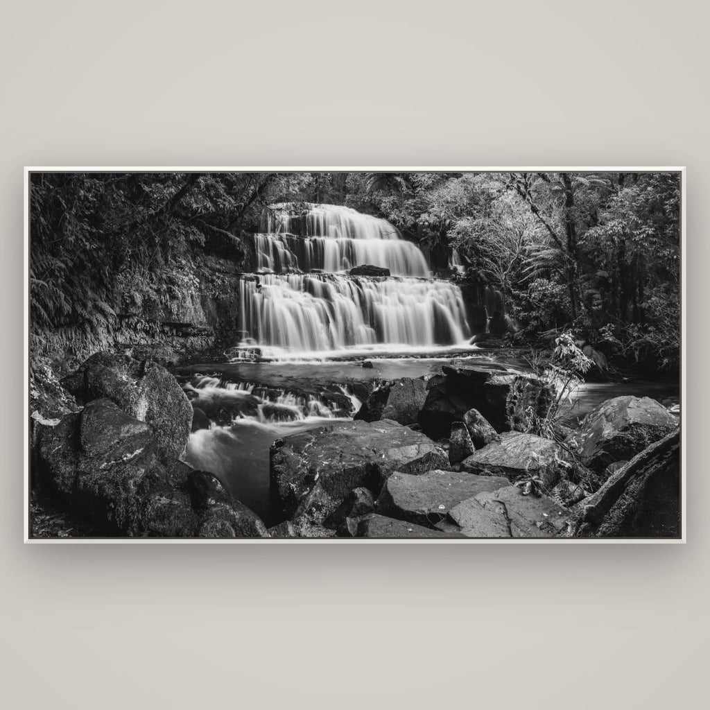 Elysian Serenity, Purakaunui Falls — Basel White, 196×110 cm. New Zealand fine art wall art by Stephen Milner.