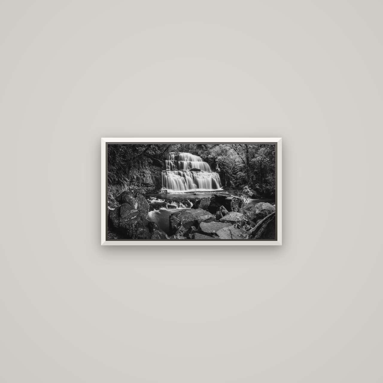Elysian Serenity, Purakaunui Falls — Basel White, 53×30 cm. New Zealand fine art wall art by Stephen Milner.
