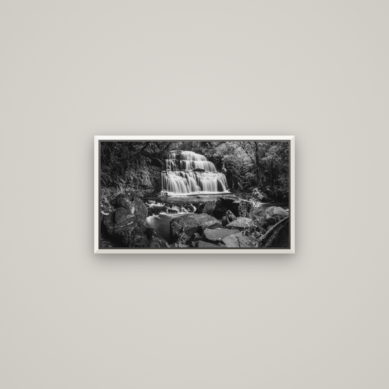 Elysian Serenity, Purakaunui Falls — Basel White, 64×36 cm. New Zealand fine art wall art by Stephen Milner.