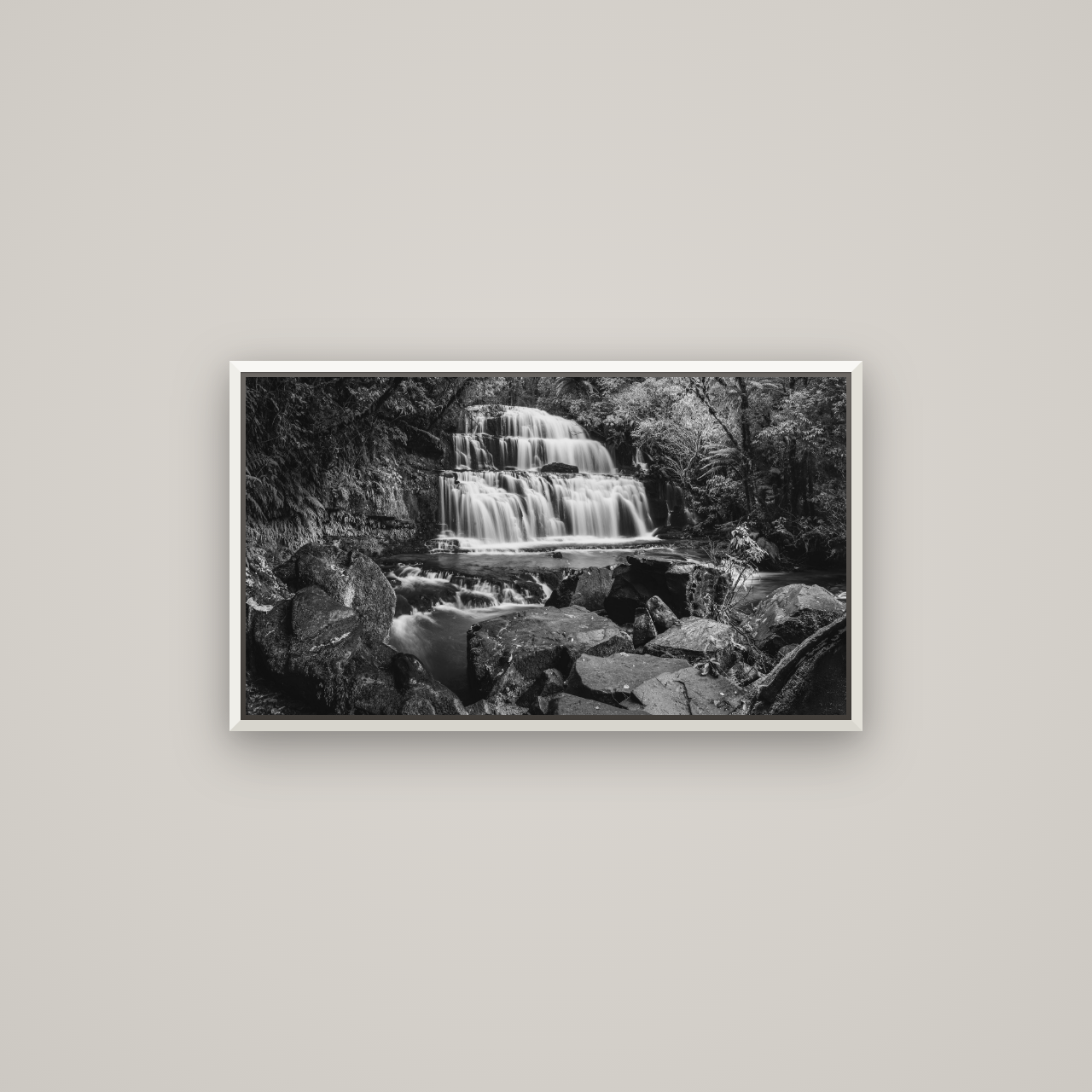 Elysian Serenity, Purakaunui Falls — Basel White, 80×45 cm. New Zealand fine art wall art by Stephen Milner.