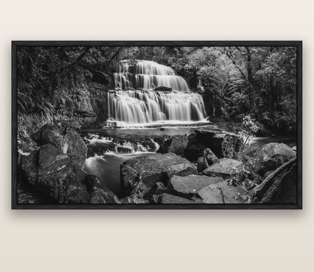 Elysian Serenity, Purakaunui Falls — black float frame canvas, 200 × 130 cm. New Zealand fine art landscape wall art by Stephen Milner.