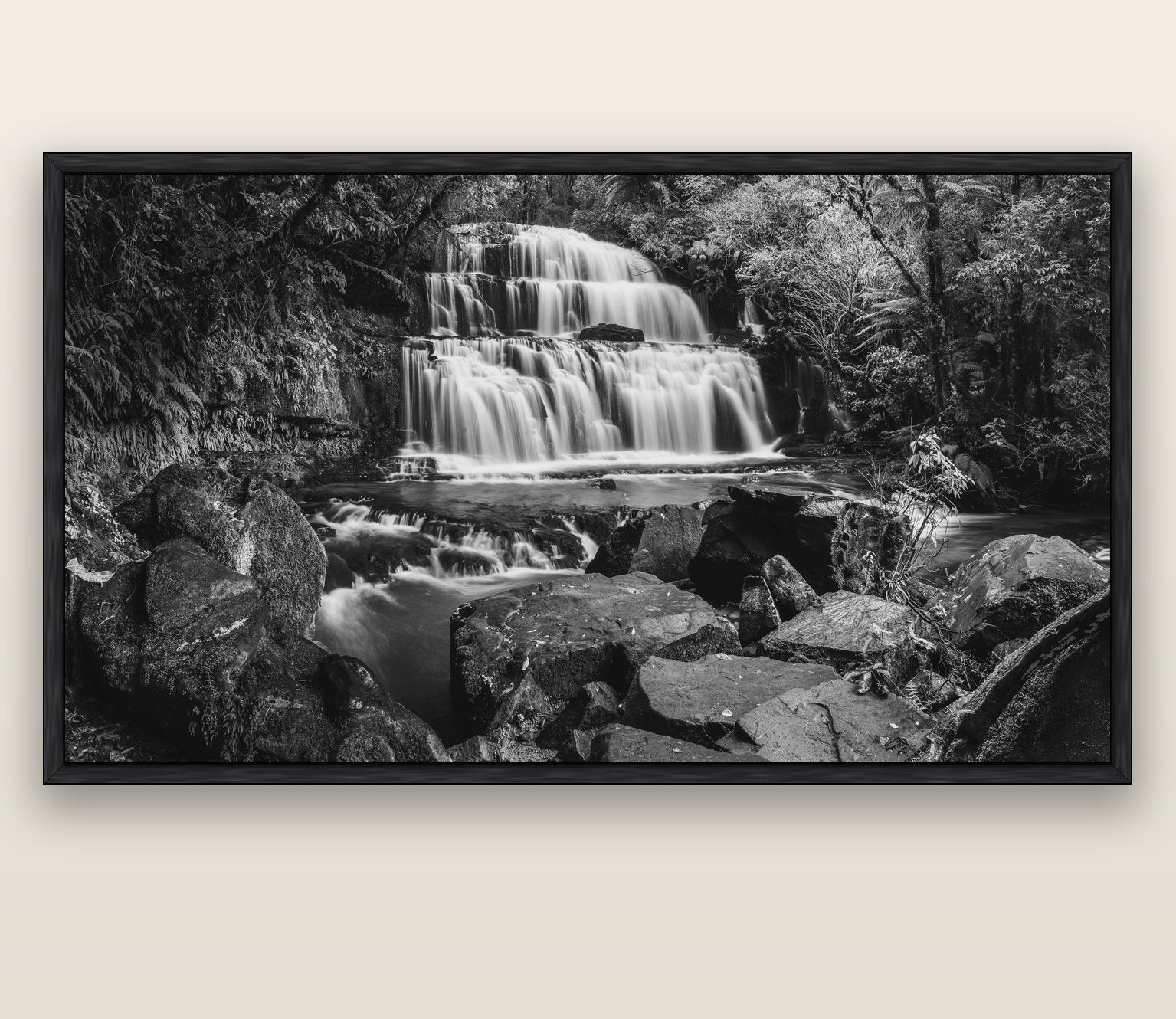 Elysian Serenity, Purakaunui Falls — black float frame canvas, 200 × 130 cm. New Zealand fine art landscape wall art by Stephen Milner.