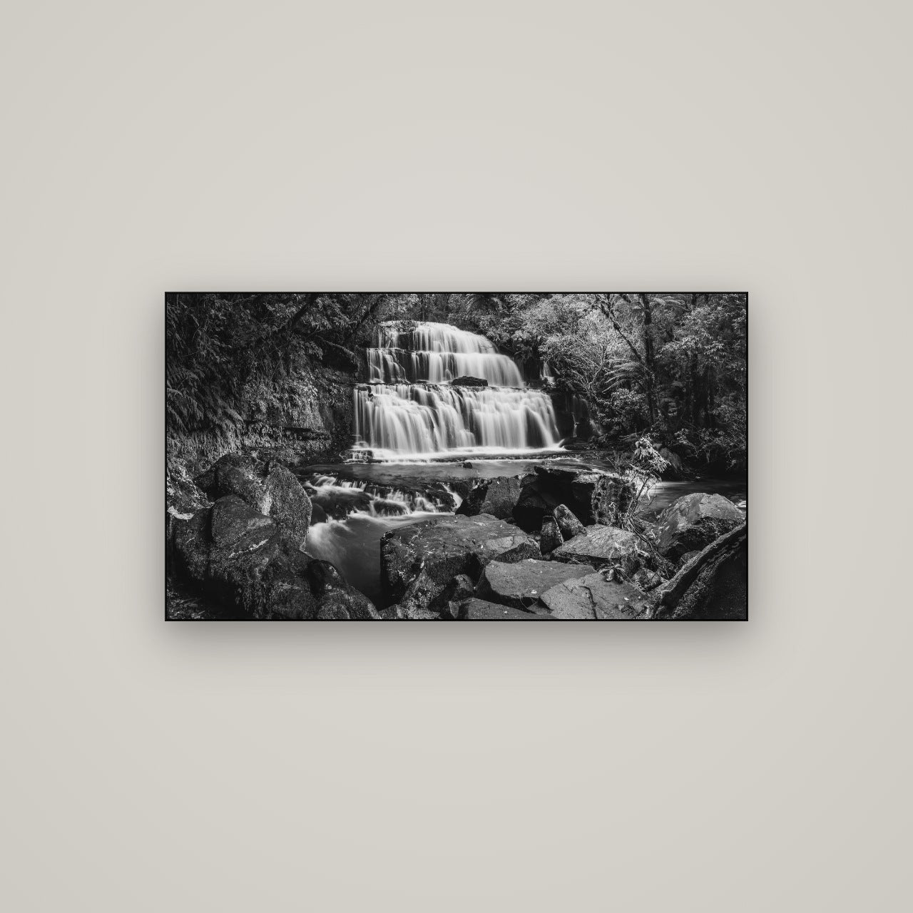 Elysian Serenity, Purakaunui Falls — Slimline Black, 107×60 cm. New Zealand fine art wall art by Stephen Milner.