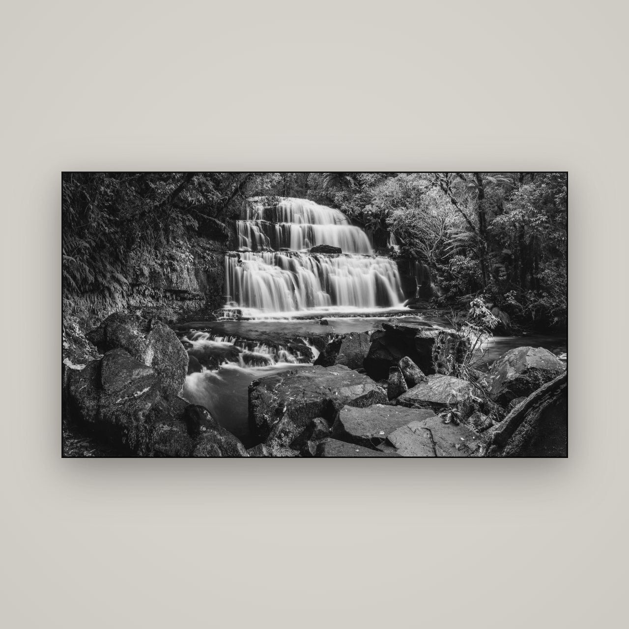 Elysian Serenity, Purakaunui Falls — Slimline Black, 160×90 cm. New Zealand fine art wall art by Stephen Milner.