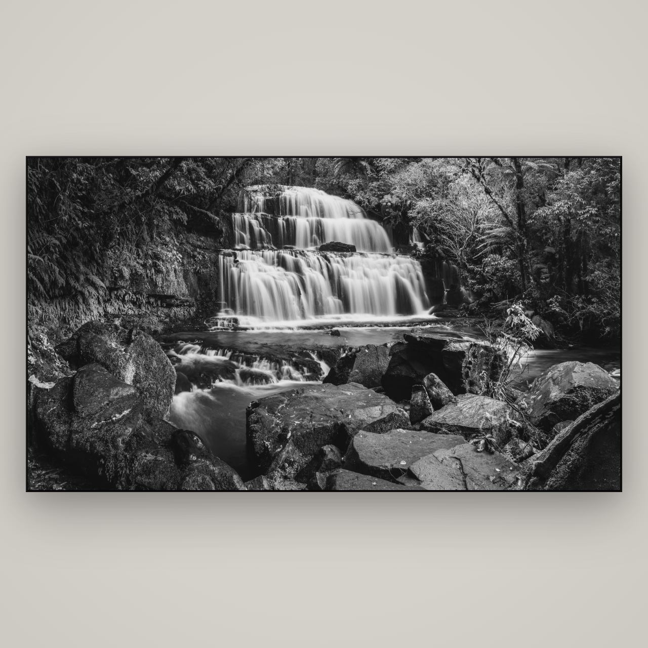Elysian Serenity, Purakaunui Falls — Slimline Black, 196×110 cm. New Zealand fine art wall art by Stephen Milner.