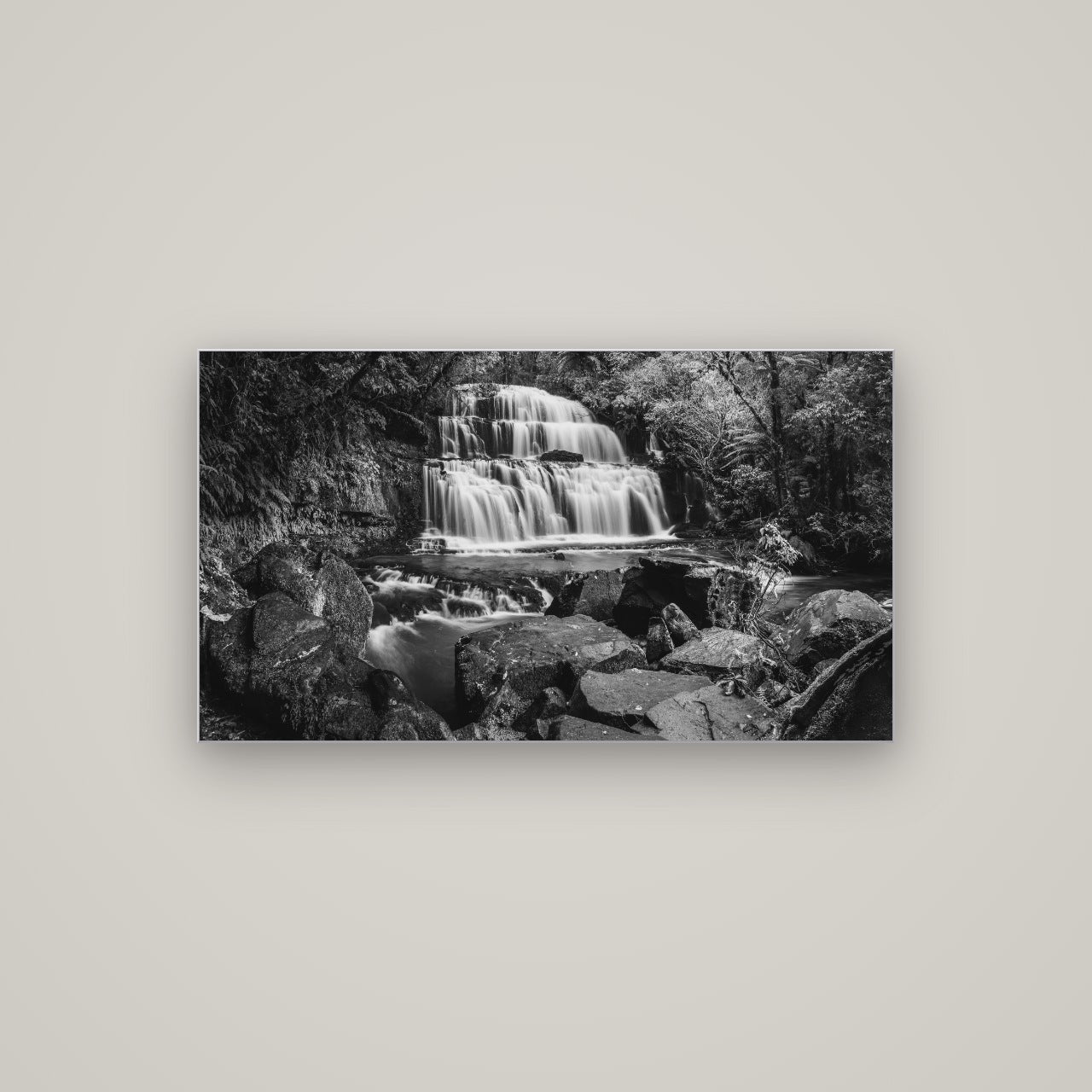 Elysian Serenity, Purakaunui Falls — Slimline Silver, 107×60 cm. New Zealand fine art wall art by Stephen Milner.