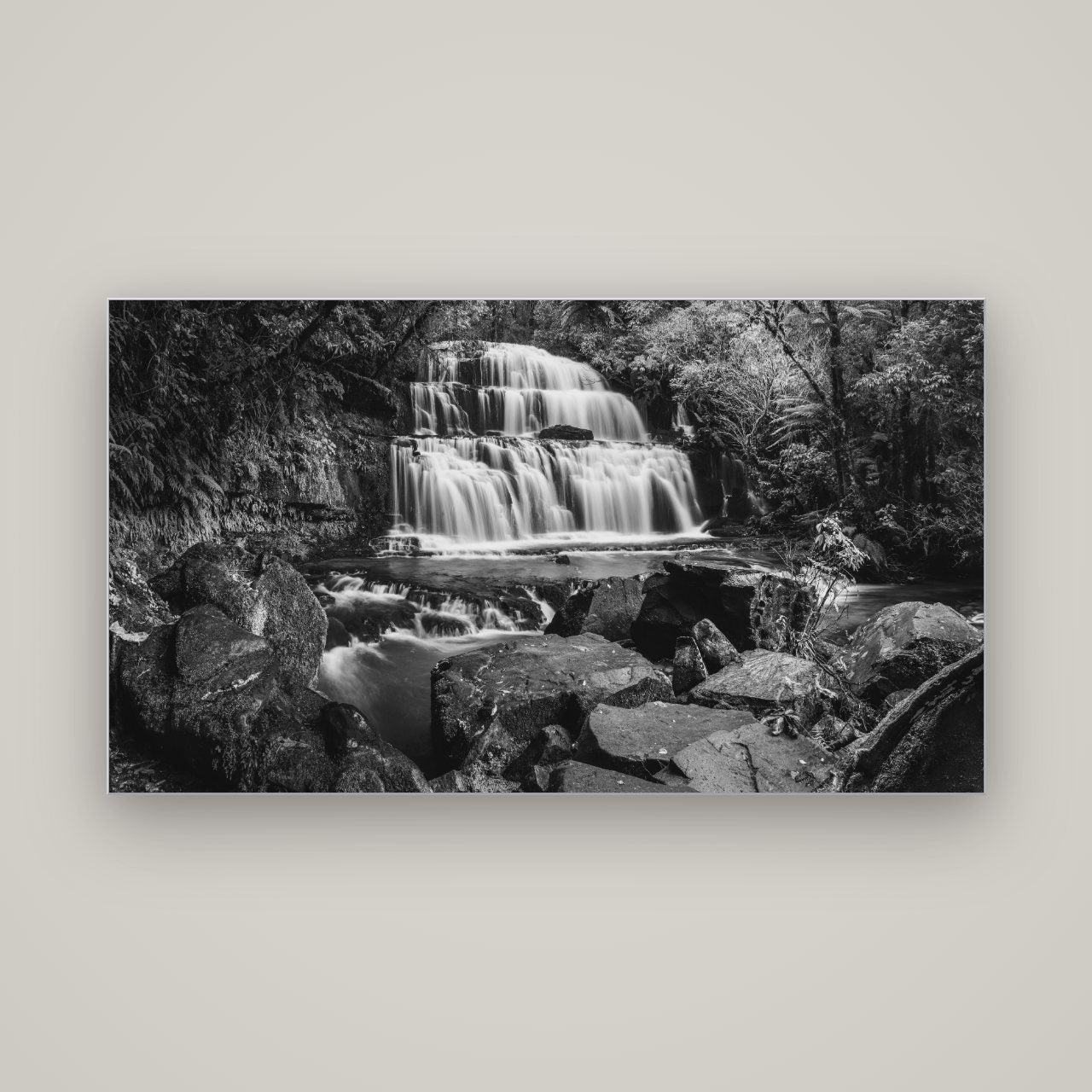 Elysian Serenity, Purakaunui Falls — Slimline Silver, 160×90 cm. New Zealand fine art wall art by Stephen Milner.