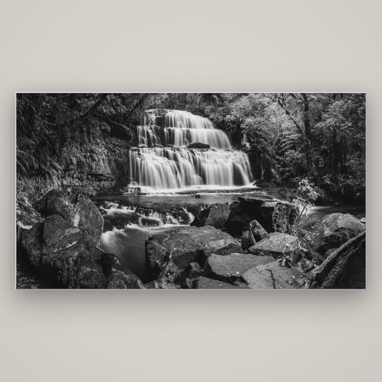 Elysian Serenity, Purakaunui Falls — Slimline Silver, 196×110 cm. New Zealand fine art wall art by Stephen Milner.
