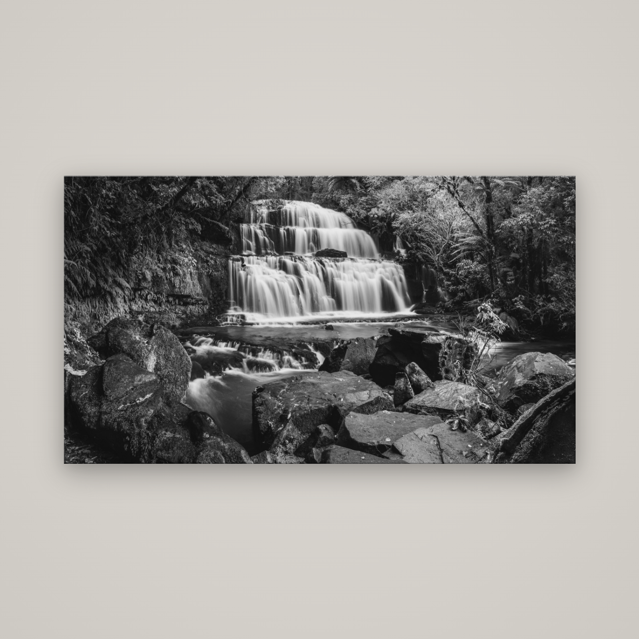 Elysian Serenity, Purakaunui Falls — No frame, 160×90 cm. New Zealand fine art wall art by Stephen Milner.