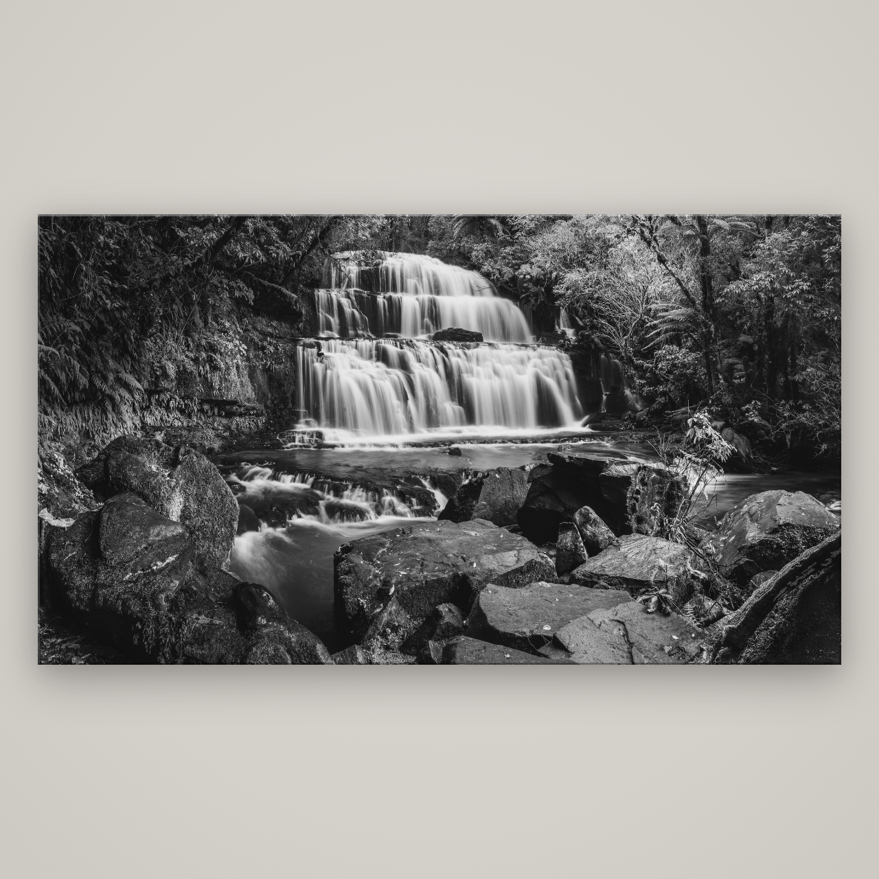 Elysian Serenity, Purakaunui Falls — No frame, 196×110 cm. New Zealand fine art wall art by Stephen Milner.