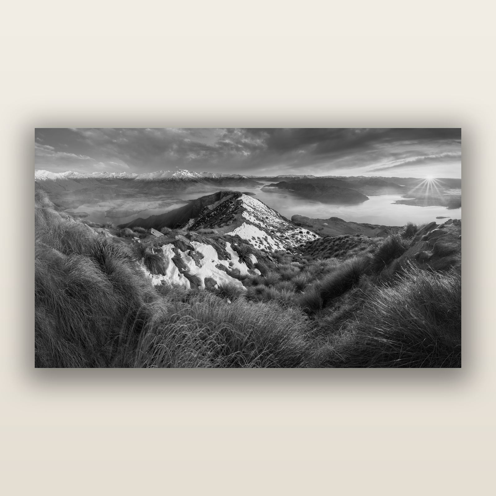 Elysium's Ascent, Roy's Peak Radiance, black and white frameless acrylic glass print. New Zealand fine art photography by Stephen Milner.