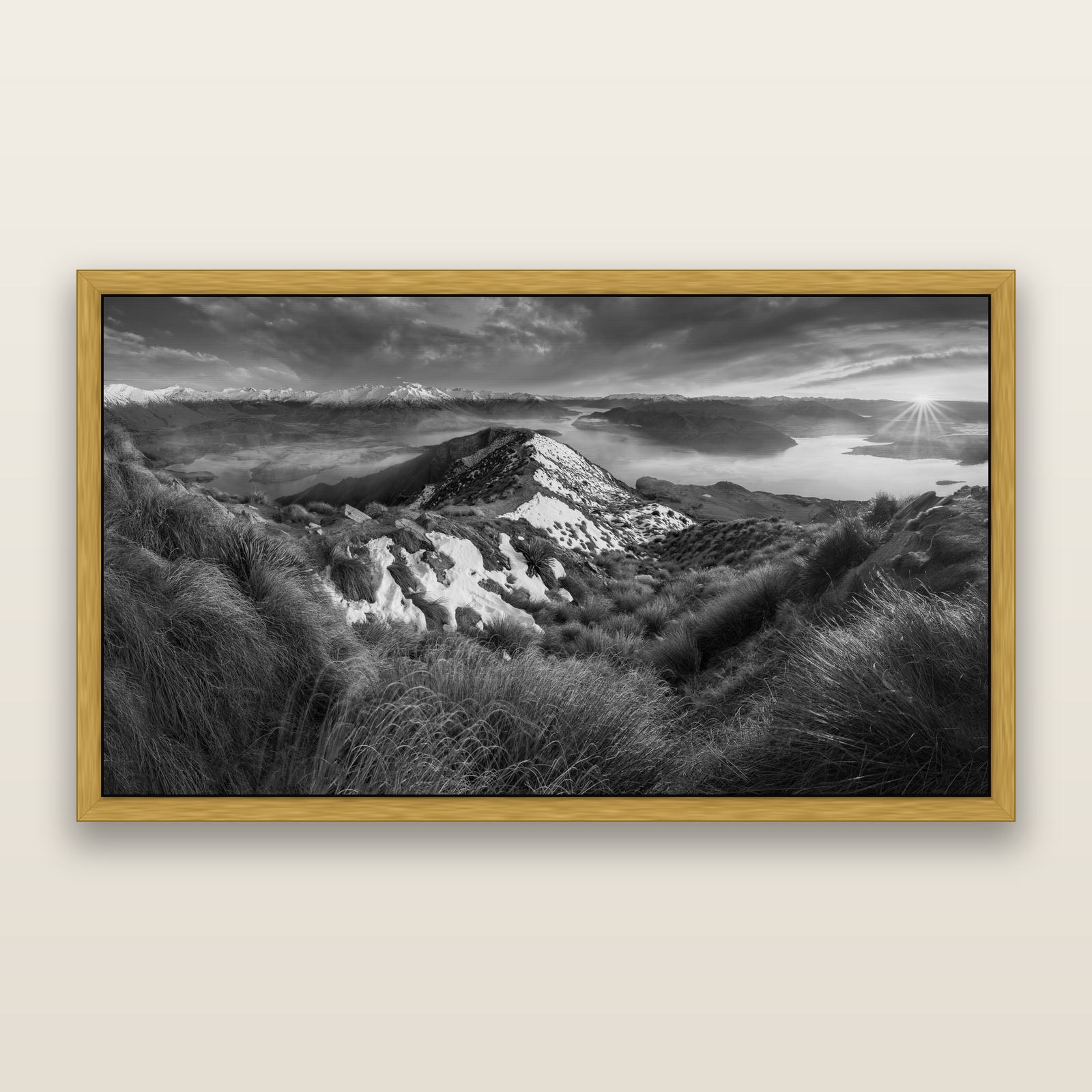 Elysium's Ascent, Roy's Peak Radiance, black and white framed metallic canvas print, Antique Gold frame. New Zealand fine art wall art by Stephen Milner.