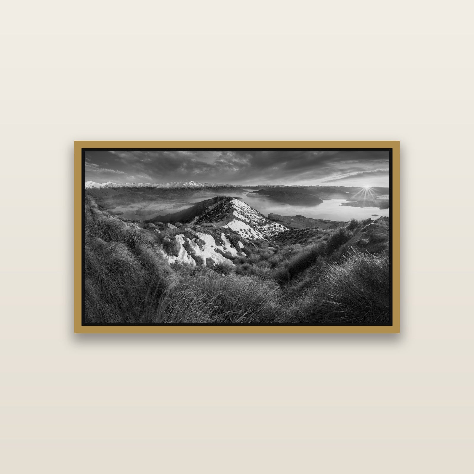 Elysium's Ascent, Roy's Peak Radiance — Antique Gold framed metallic canvas print, small 81 × 46 cm. New Zealand fine art landscape wall art by Stephen Milner.