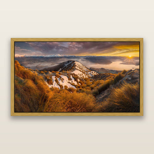 Elysium's Ascent, Roy's Peak Radiance — framed metallic canvas print, Antique Gold frame. New Zealand fine art landscape wall art by Stephen Milner.