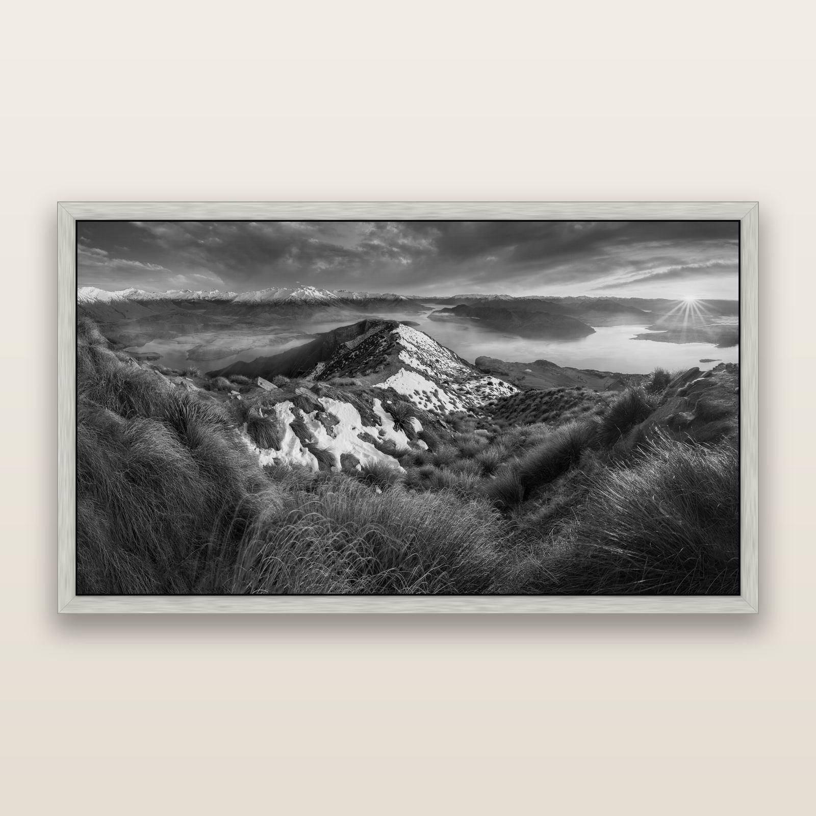 Elysium's Ascent, Roy's Peak Radiance, black and white framed metallic canvas print, Antique Silver frame. New Zealand fine art wall art by Stephen Milner.