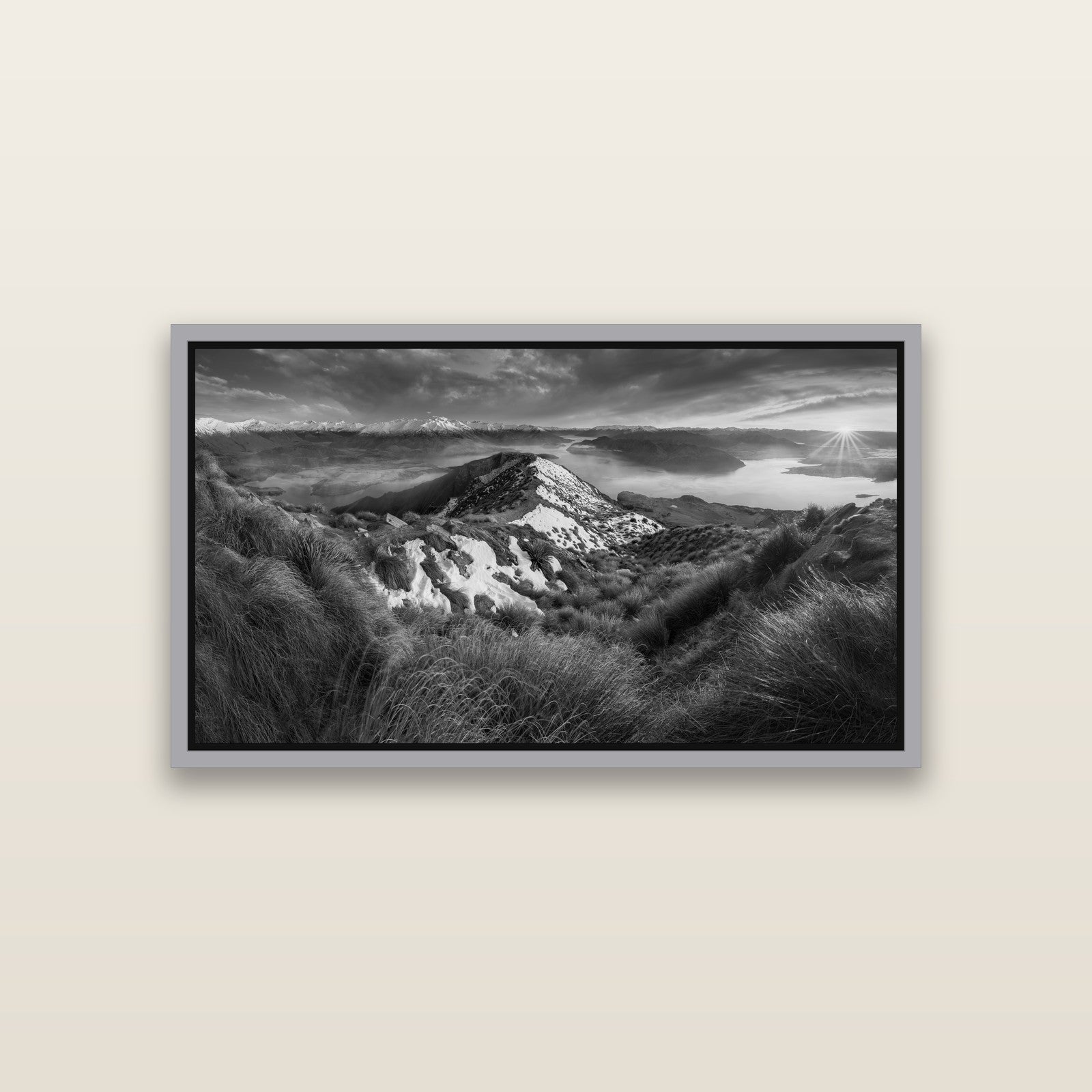 Elysium's Ascent, Roy's Peak Radiance — Antique Silver framed metallic canvas print, small 81 × 46 cm. New Zealand fine art landscape wall art by Stephen Milner.