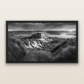 Elysium's Ascent, Roy's Peak Radiance, black and white framed metallic canvas print, Black frame. New Zealand fine art wall art by Stephen Milner.