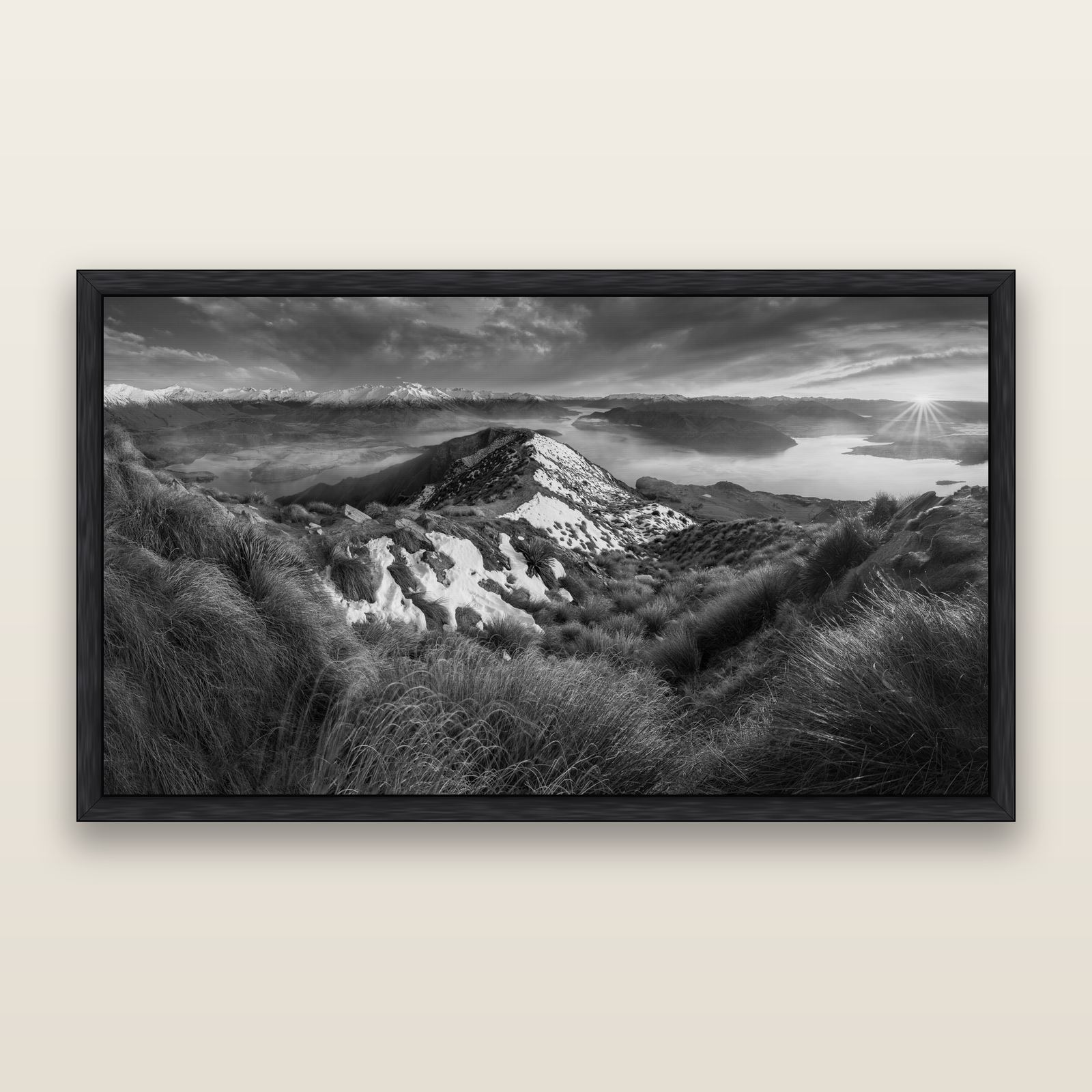Elysium's Ascent, Roy's Peak Radiance, black and white framed metallic canvas print, Black frame. New Zealand fine art wall art by Stephen Milner.