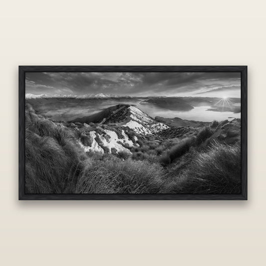 Elysium's Ascent, Roy's Peak Radiance, black and white framed metallic canvas print, Black frame. New Zealand fine art wall art by Stephen Milner.